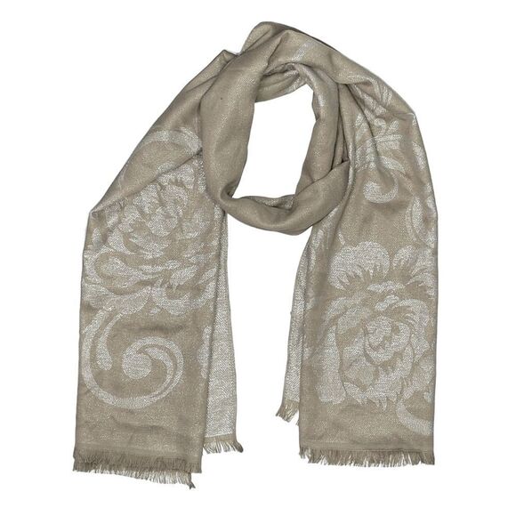 Chico’s Lightweight Floral Lurex Neutral Beige Boho Fringe Scarf - Picture 1 of 5